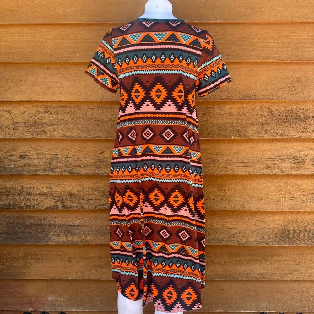 Lularoe Aztec Tribal Print Midi Dress Short Sleeve Made With Stretch Fabric Mult - Picture 4 of 9
